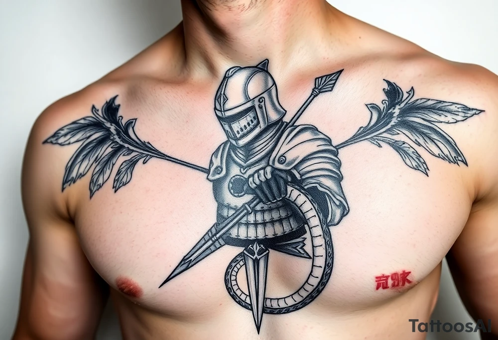 chest japan theme knight with arrow and snake tattoo idea