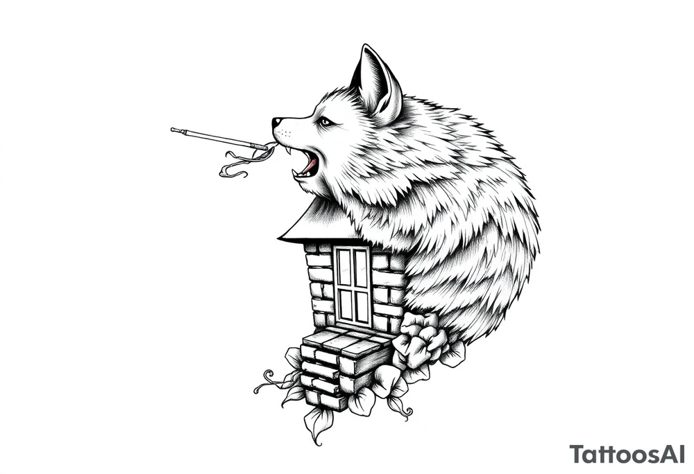 Big bad wolf  blowing down   a brick house tattoo idea
