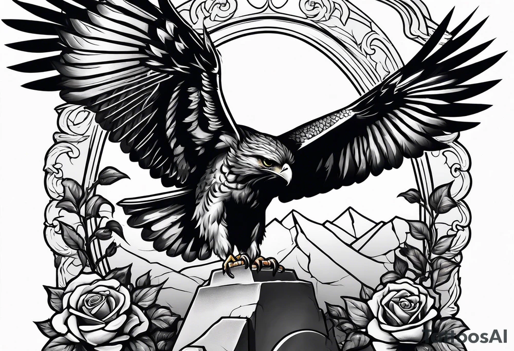 Hawk with rose in mouth flying down on a tombstone tattoo idea Hawk with rose in mouth flying down on a tombstone tattoo idea