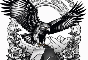 Hawk with rose in mouth flying down on a tombstone tattoo idea