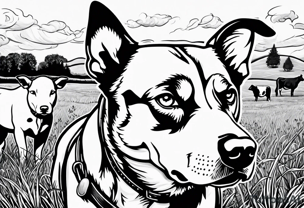 husky and pitbull looking at cows in cow pasture tattoo idea