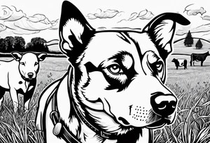 husky and pitbull looking at cows in cow pasture tattoo idea