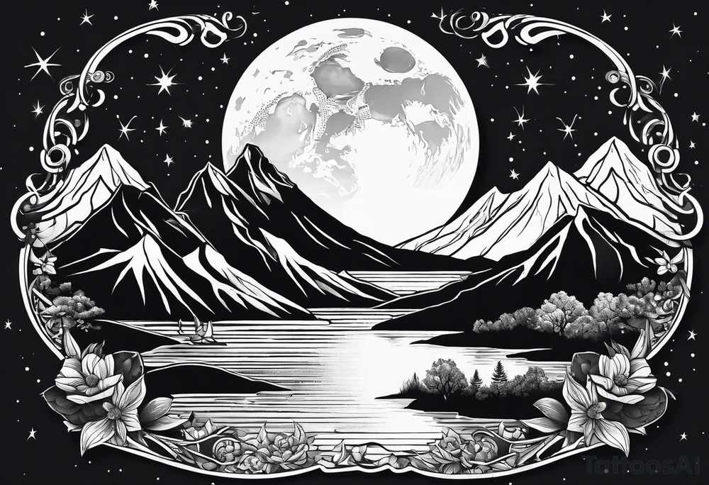 nature with mountains, waterfall, water, and a family of three in the background and and moon/sun in the sky with stars tattoo idea
