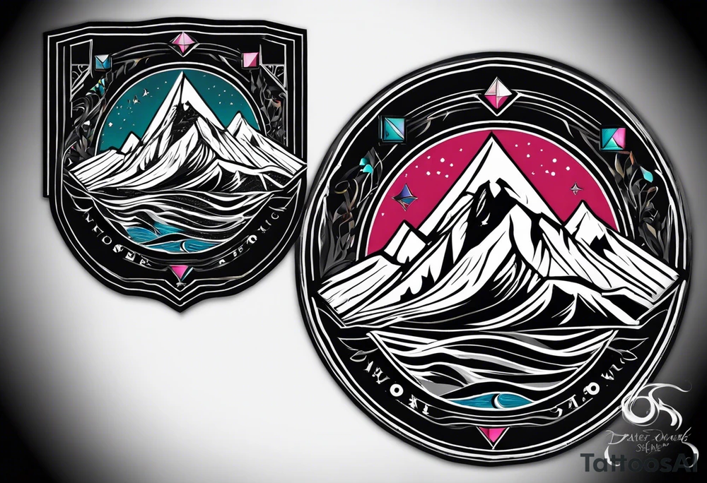 Übersetzter Text
tattoo fineline style, black, no fill, säntis mountain massif, water wave, a large semi-circle with two small colored stars frames the mountain peak, an open diamond as a geometric shape with dashed lines surrounds everything with the water overhanging the diamond, tattoo idea
