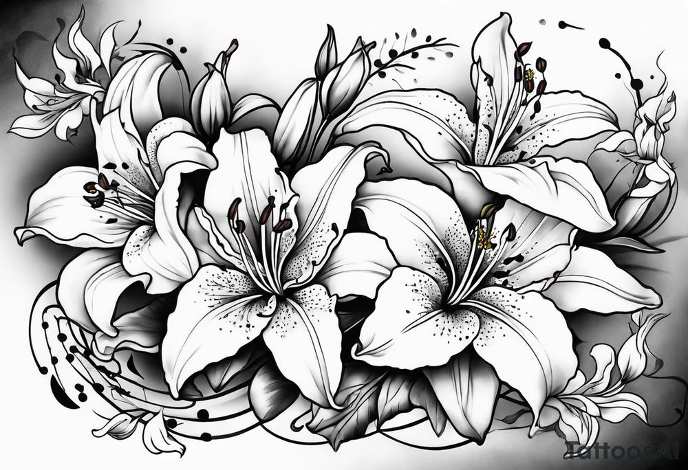 5 lilies and cherry blossom branch tattoo idea