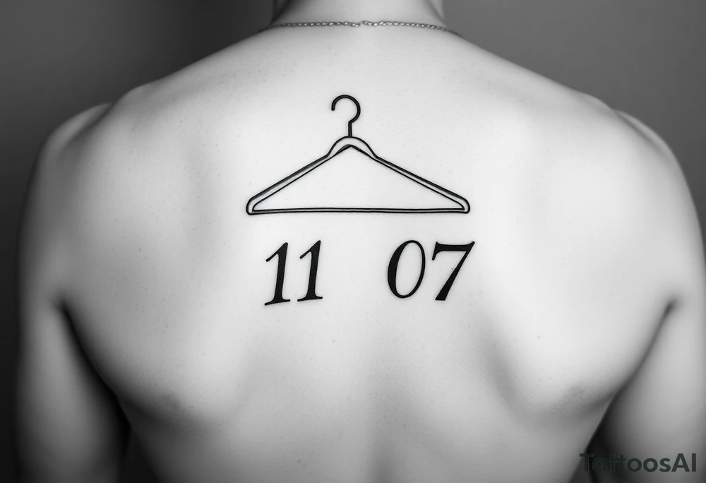 I want a tattoo about 7 cm in size that includes a drawing of a clothes hanger and the numbers 11 07, all in a realistic, beautiful style with stylish lettering tattoo idea