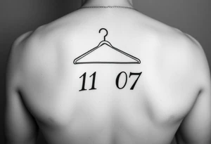 I want a tattoo about 7 cm in size that includes a drawing of a clothes hanger and the numbers 11 07, all in a realistic, beautiful style with stylish lettering tattoo idea