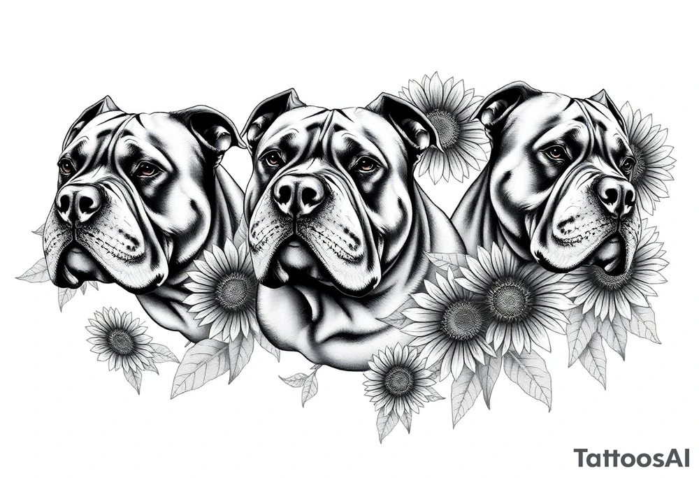 Three very thick muscled up pitbull portraits fading into the background as filler incorporate sunflowers, an old road made from pavers tattoo idea