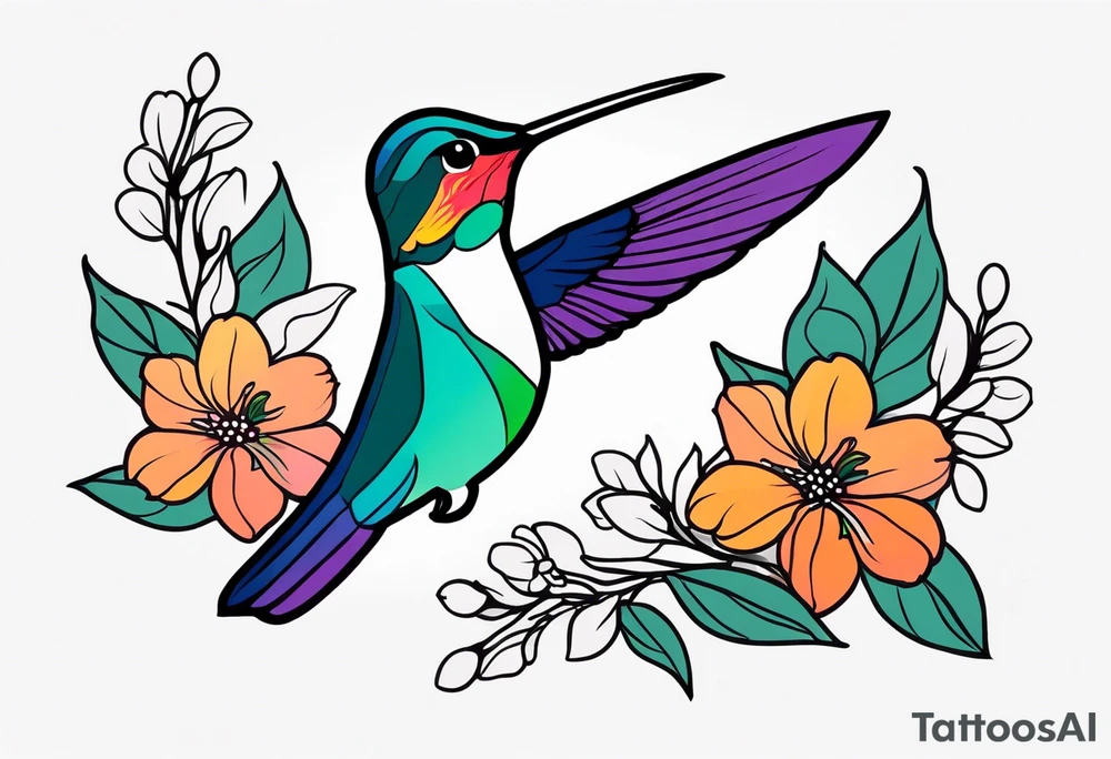 botanical, flowers, colorful, different, hummingbird, dot tattoo idea