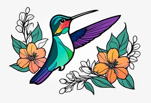 botanical, flowers, colorful, different, hummingbird, dot tattoo idea