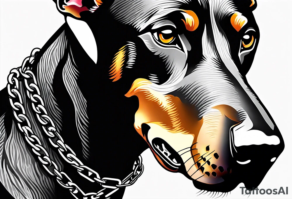 Doberman dog being aggressive with chain around his neck tattoo idea
