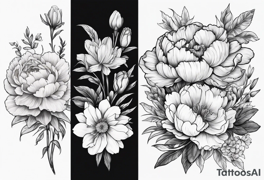 marigold, peony, and narcissus side by side tattoo idea