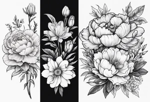 marigold, peony, and narcissus side by side tattoo idea