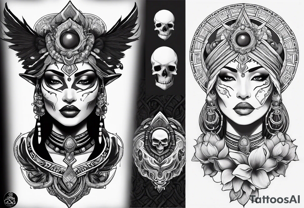kali ma, alien goddess, valkrye, aries, pirate, divine feminine, zenza resonance, pachamama, lotus azul, blank panther, eagle, skull, 5D, nueva gaya, dna 12, left side chest tatoo tattoo idea