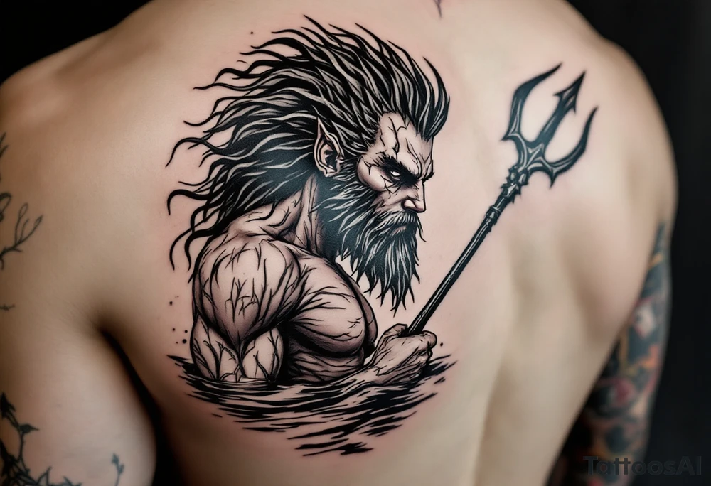 fit young poseidon, with trident, in calm water tattoo idea