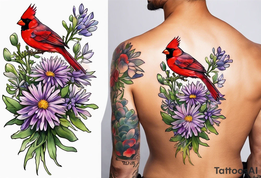 Aster flowers - sea rocket flowers with a cardinal around the words Dad tattoo idea