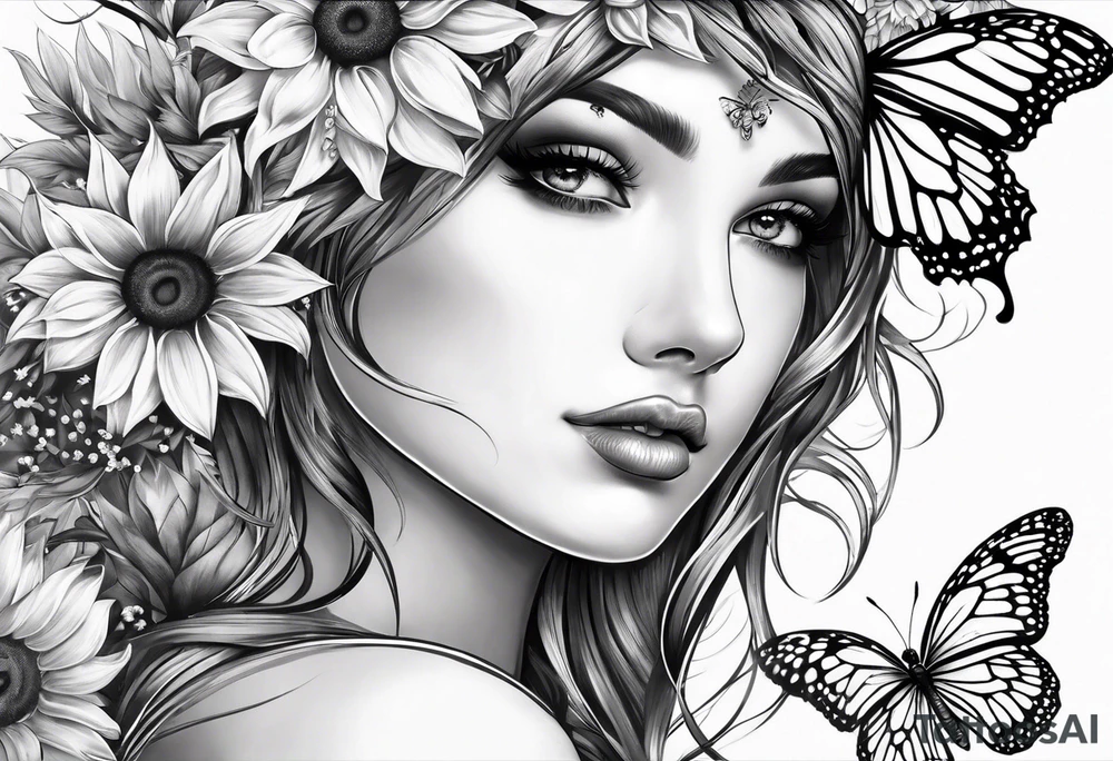 Sleeve with angel wings, sunflower and butterfly tattoo idea