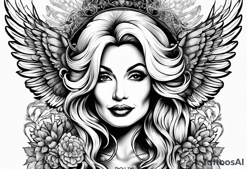 An angelic tattoo featuring Dolly Parton, an acorn, wings tattoo idea
