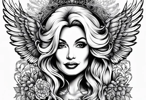 An angelic tattoo featuring Dolly Parton, an acorn, wings tattoo idea