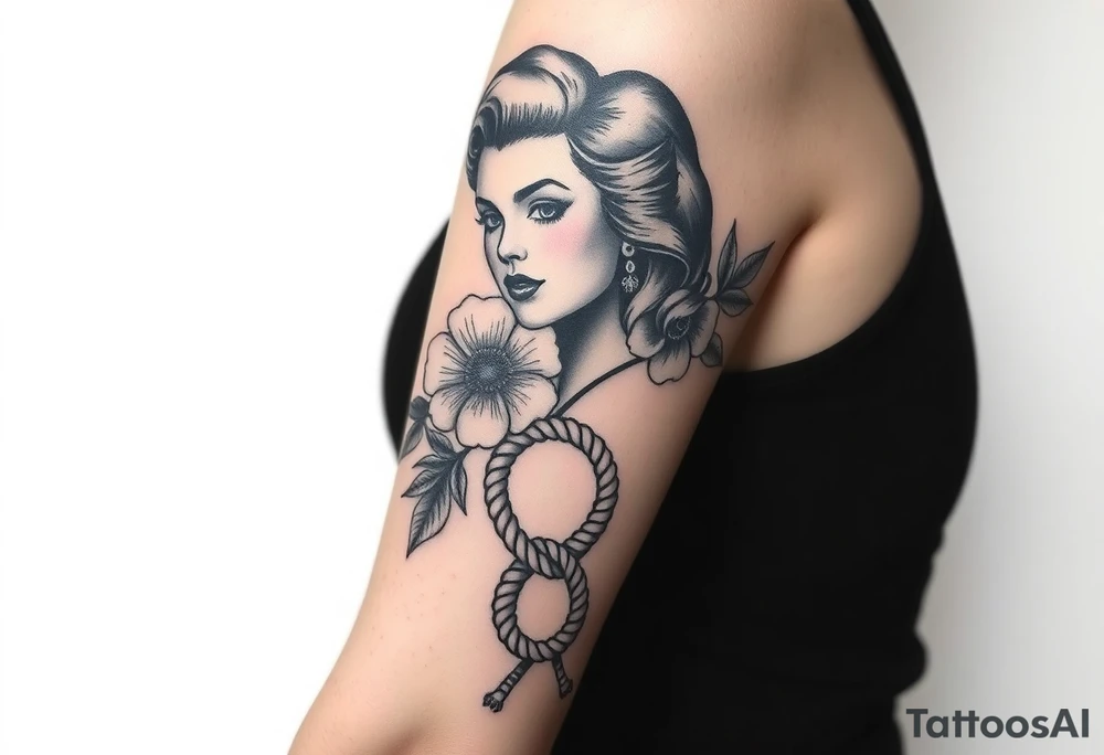 Pin up picture arm sleeve. With October flower November flower December flower rope figure 8 knot tattoo idea