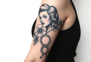 Pin up picture arm sleeve. With October flower November flower December flower rope figure 8 knot tattoo idea