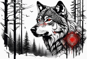 wolf with red eyes
date 13/02/2022 in roman numerals
forest background tattoo idea