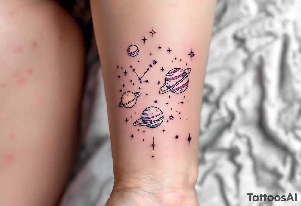 A dreamy cosmic scene on the thigh with Sagittarius stars constellation surrounded by planets in soft pastel purples and pinks. tattoo idea
