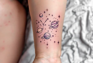 A dreamy cosmic scene on the thigh with Sagittarius stars constellation surrounded by planets in soft pastel purples and pinks. tattoo idea