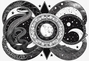 Fine line snake, lunar moon phases, constellations tattoo idea