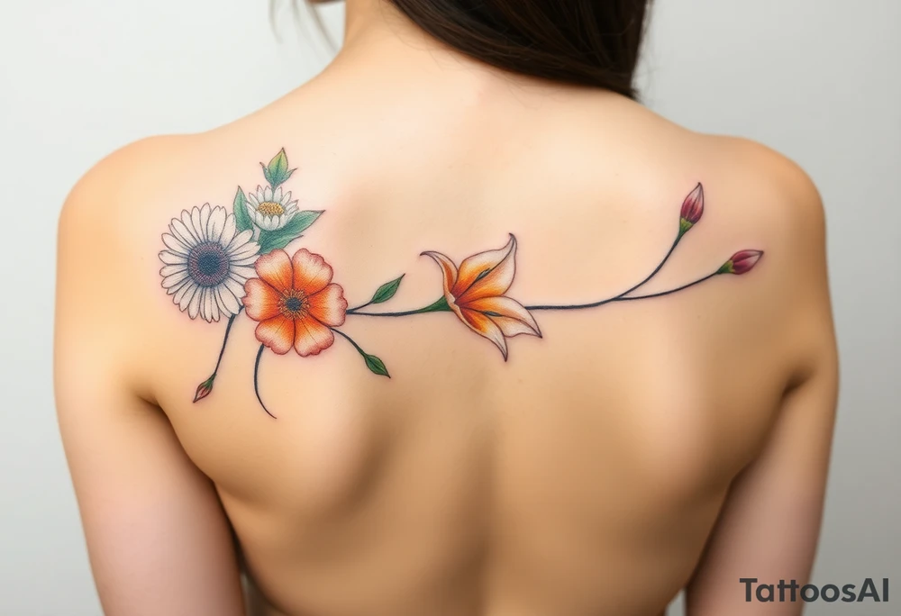 This tattoo is on a woman. It is a line of flowers connected by a single stem. It starts on her left pectoral with a Glaiolus and Daisy together, then the tatoo rises over the left shoulder and down the arm and ends at the elbow. The tattoo will include a primrose, Calla Lily, and a Lilly. It will be light on color except in the petals and has light shading to make it pop. tattoo idea