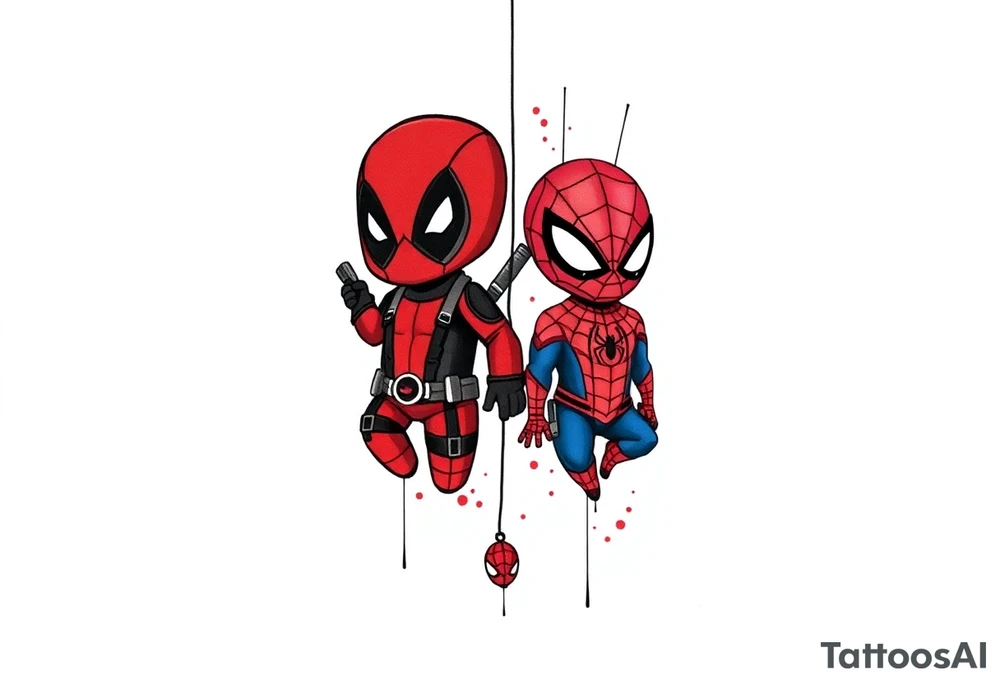 Project: Upper Arm Half-Sleeve Tattoo (Chibi Marvel Duo)
Placement: Upper Arm (Shoulder cap down to just above the elbow)
Reference Images: Chibi Deadpool (Image 1) and Chibi Spider-Man (Image 2)
Design Request & Layout:
* Please stack the characters dynamically to fit my upper arm. I'd like Deadpool positioned near the top/shoulder cap, and Spider-Man sitting near the bottom/above the elbow.
* Use the dangling spider and its web thread, along with loose, energetic construction lines, to transition between the two characters and wrap the design around the arm.
Art & Color Style:
* Linework: Please harmonize both characters into a singular, unified style—blending Deadpool's clean comic ink lines with Spider-Man's raw, cross-hatched sketchbook aesthetic.
* Color: The base of the tattoo should be gritty black-and-grey sketch shading. However, I want vibrant pops of red on their suits.
* The Splatter Effect: Instead of keeping the red cleanly inside the lines, please style the red color as a loose, dynamic watercolor/ink splatter effect that bursts out past their outlines and fades into the negative skin space. tattoo idea