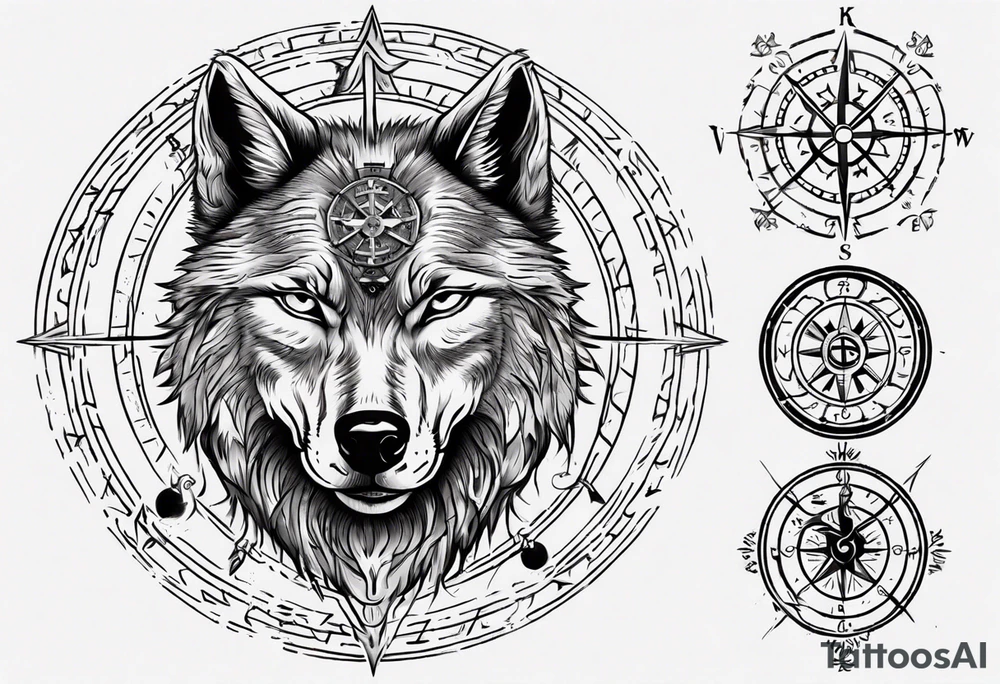 Black wolf with Viking Vegvísir compass on its forehead tattoo idea
