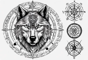 Black wolf with Viking Vegvísir compass on its forehead tattoo idea