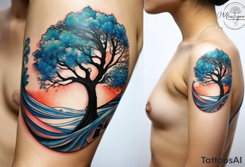 A tattoo of an abstract Tree of life tattoo to be placed on the upper side bicep of a woman. It can wrap around the arm a little. It should have roots growing out of the bottom. The roots slowly turn into water from the great wave by Hokusai. A golf flag should be placed discreetly growing out of the ground. 2 license plate tags should be hanging from the tree. Place a few music notes in the areas the leaves should be. The letters A U should be engraving into the tree trunk in a heart tattoo idea