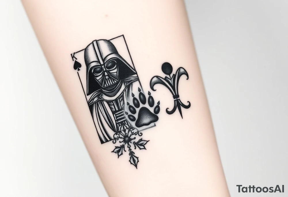 darth vader as the king of spades, paw print as the princess of hearts, joker from batman as the joker, deck of cards tattoo idea