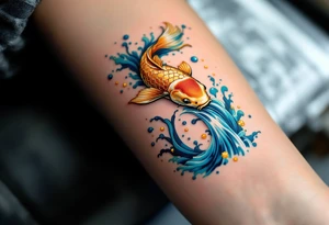 Metallic Gold Koi with Waterfall – A glowing gold koi jumping through cascading silver-blue water, symbolizing ambition and achieving higher goals. tattoo idea