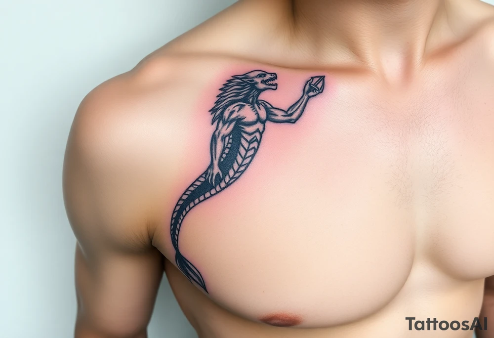 Tatouage de bras complet, Poséidon sortant de l'eau avec le trident vers le bas, tattoo idea