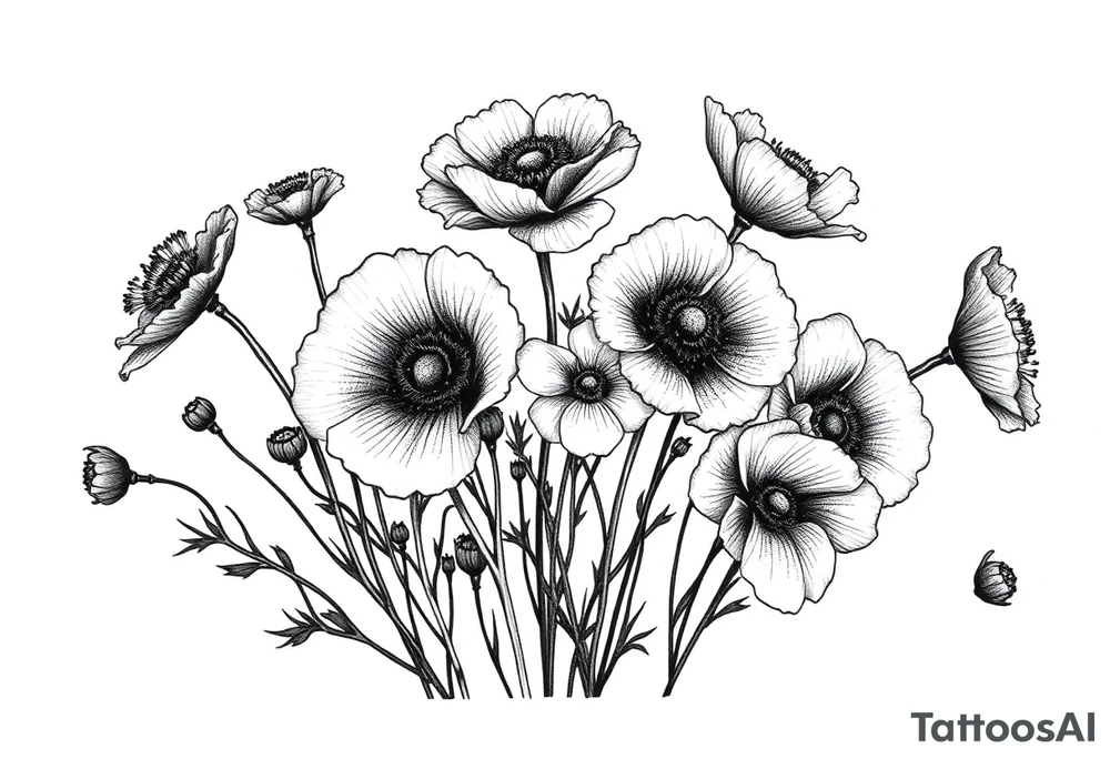 A cluster of wildflowers or poppies, with solid black shadows at the base and lighter stippling toward the petals. Some flowers can be in full bloom while others start to wilt or fall apart, symbolizing the passage of time. tattoo idea