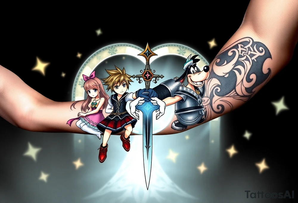 Exact Kingdom Hearts design featuring sora, kairi, riku, donald and goofy from the game, together in a dynamic, united pose. The centerpiece should include the soras Keyblade, with a beautiful and ethereal dark Kingdom Hearts-inspired background—think glowing stars, floating islands, and stained-glass elements in backroung. The design should capture themes of friendship, light vs. darkness, and adventure. Style should be detailed, fantasy-oriented, and suitable for a large piece tattoo idea
