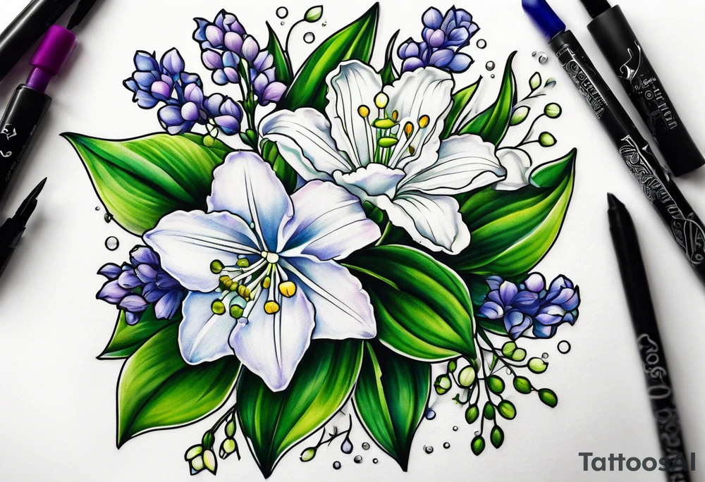 Larkspur, Lily of the valley, water, lily, Hawthorne, flower, carnation, snowdrop flower half sleeve tattoo idea