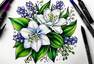 Larkspur, Lily of the valley, water, lily, Hawthorne, flower, carnation, snowdrop flower half sleeve tattoo idea