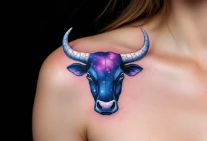Cosmic Bull Head – Starry-textured bull hide in midnight blue and violet, speckled with faint constellations, and horns made of cracked white stone. tattoo idea