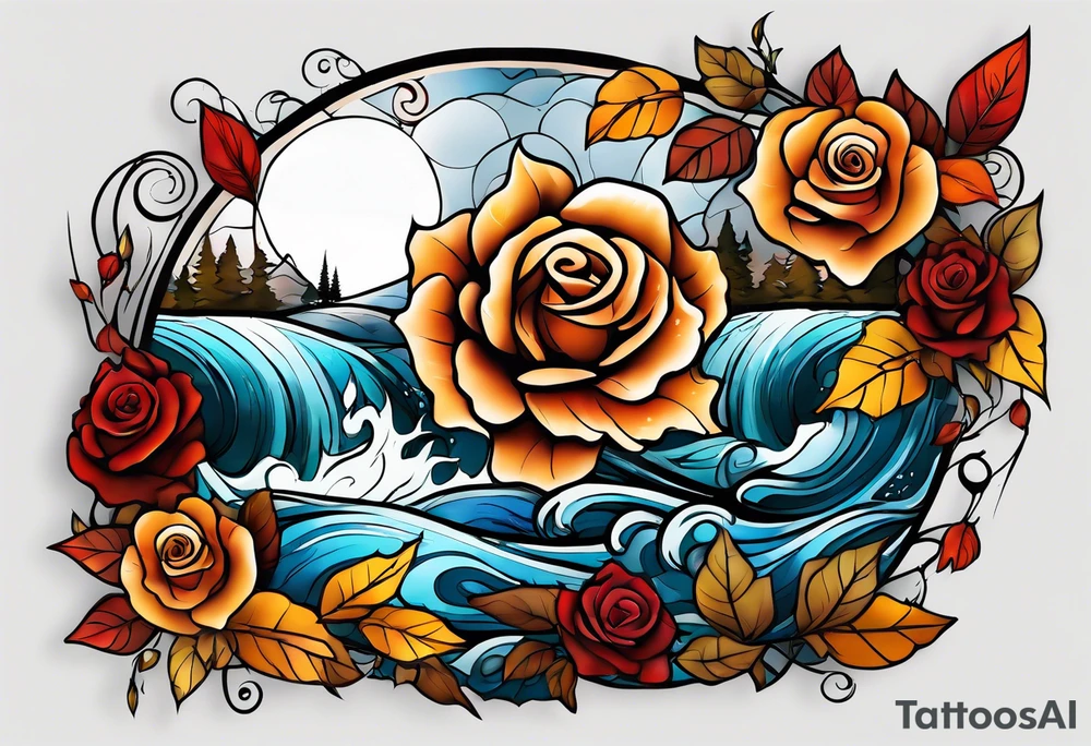 thigh tattoo in fall colors, showing, water flow, rocks, sky, clouds, leaves, roses tattoo idea