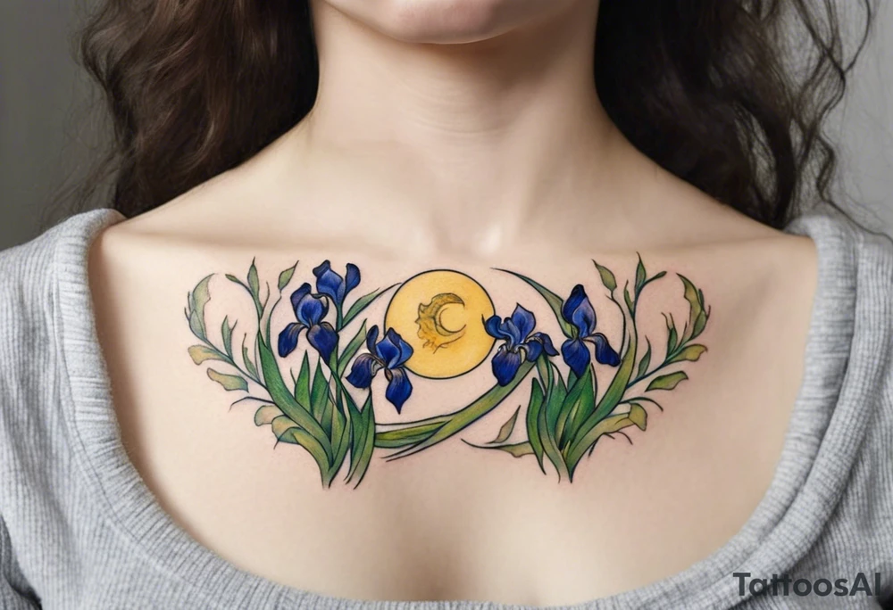 Create a small Vincent van Gogh Irises tattoo. The tattoo should take the form of a crescent, with vines gracefully intertwining at a central point in the middle of the wreath with a bird. The intended placement is on the upper chest. The overall design should be small in size while maintaining a delicate and artistic aesthetic. Pay attention to the graceful flow of the vines and the placement of the irises to achieve a refined and elegant look. tattoo idea