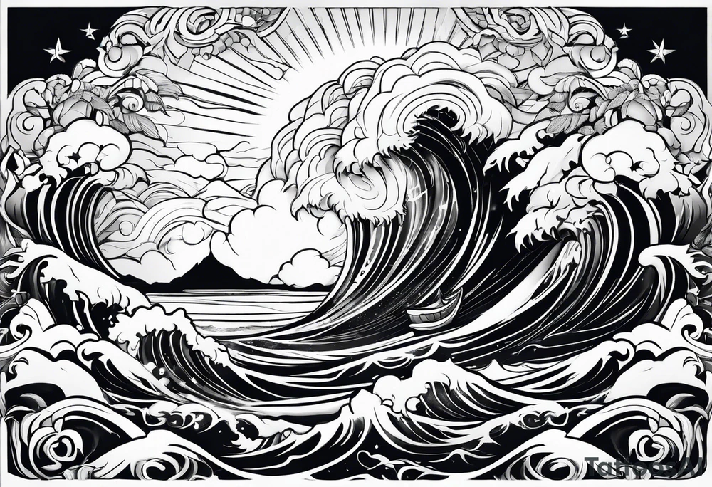 lighting with zeus showing strength and fear and the ocean waves tattoo idea
