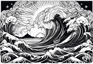 lighting with zeus showing strength and fear and the ocean waves tattoo idea