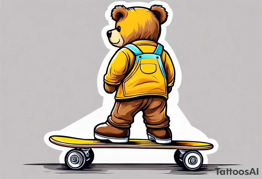 the back of one standing, skinny, brown ,
teddy bear in long, yellow overalls and white roller skates on his feet tattoo idea