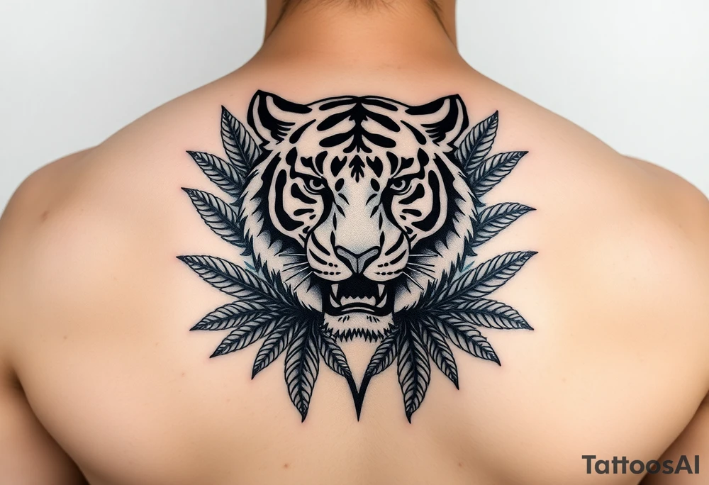 Tiger surrounded by palm leaves tattoo idea