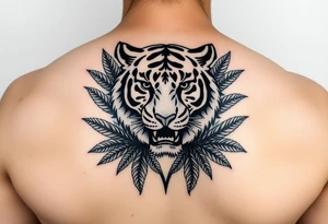 Tiger surrounded by palm leaves tattoo idea