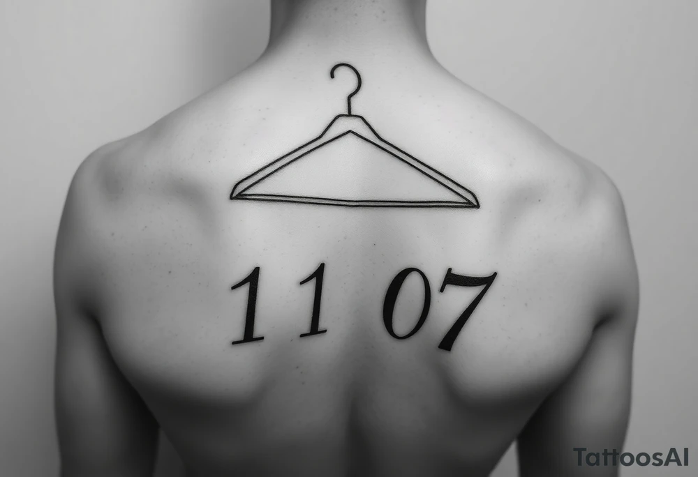 I want a tattoo about 7 cm in size that includes a drawing of a clothes hanger and the numbers 11 07, all in a realistic, beautiful style with stylish lettering tattoo idea